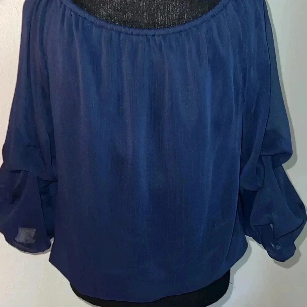 CeCe Women’s Navy Blue Off the Shoulder Bubble 3/4 Sleeve Tie at Waist Blouse M - Picture 13 of 16